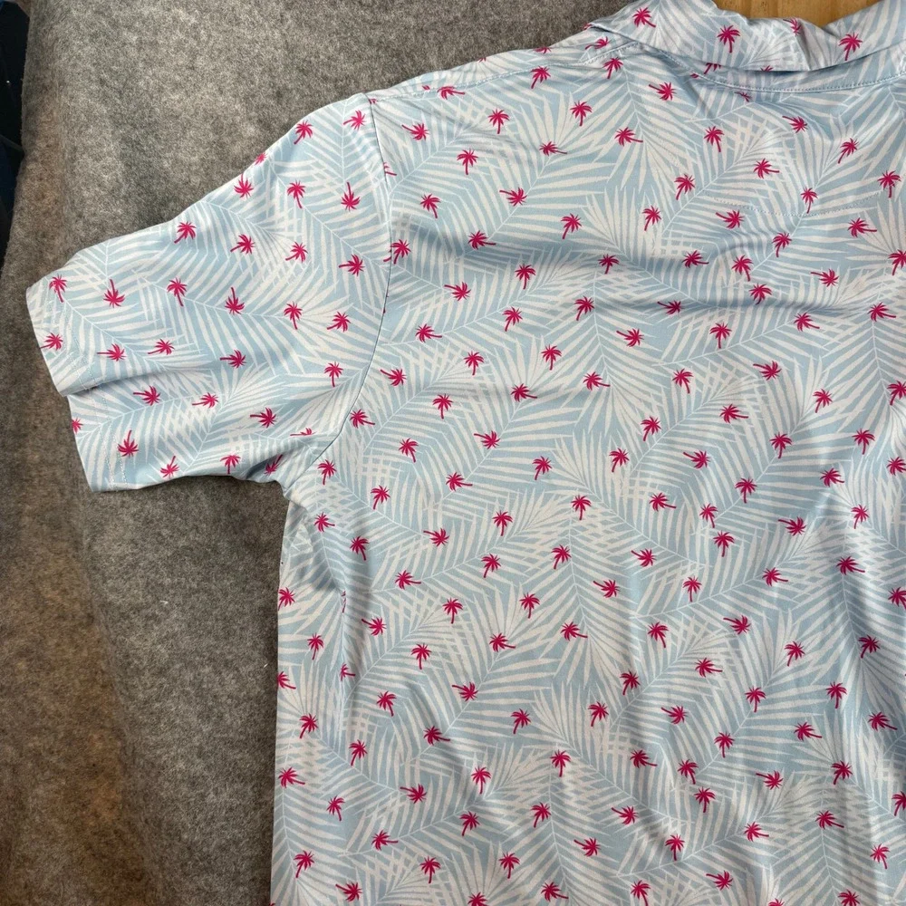 Pins & Aces Polo Shirt Men XXL Blue Pink Tropical Palm Tree Performance Golf Tee